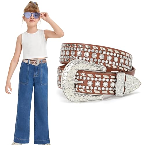 WHIPPY Kids Rhinestone Western Belt, Cowboy Cowgirl Diamond Studded Bling Leather for Girls Boys