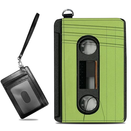 Image of Small Travel Wallets, Green Tape Cassette Slim Minimalist Front Pocket Wallet with Wristlet, RFID Blocking PU Leather Credit Card Holder with ID Window Change Purse for Men Women