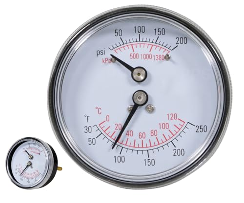 Boiler Water Thermometer & Pressure Gauge Short Shank 1/4" NPT 200 PSI for Industrial Boilers