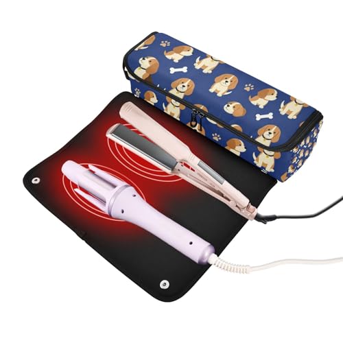 Bolsa de viaje para herramientas de cabello con almohadilla resistente al calor para planchas y rizadores, organizador impermeable con diseño de cachorro Beagle miniatura 2