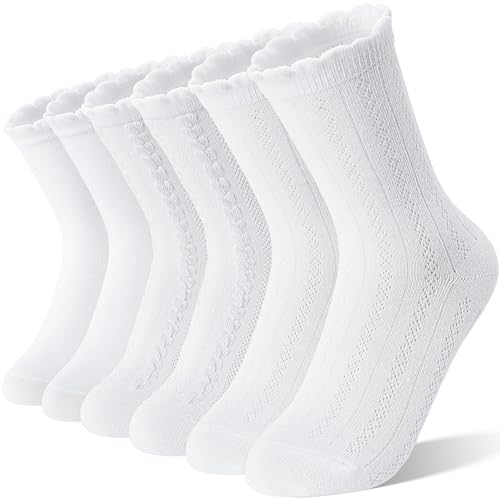 EBMORE White Girls Ruffle Socks Uniform School Dress Crew Cotton Textured Gifts Socks for Kids 6 Pairs Stocking Stuffers(White 5-8 Years)