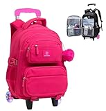 Mochila Escolar com Rodinhas, Unissex, Reforçada, Múltiplos Compartimentos, com Alça de Carrinho regulavel, para Crianças 6-12 Anos (Pink)
