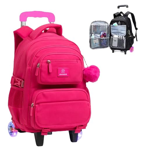 Mochila Escolar com Rodinhas, Unissex, Reforçada, Múltiplos Compartimentos, com Alça de Carrinho regulavel, para Crianças 6-12 Anos (Pink)
