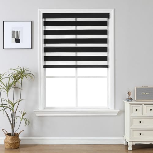 Joydeco Cordless Zebra Blinds (Pro), Dual Layer Light Control Zebra Blinds for Windows, Light-Proof Aluminum Cover, Free-Stop Roller Shades for Home & Office (Black,28" W x 75" H)