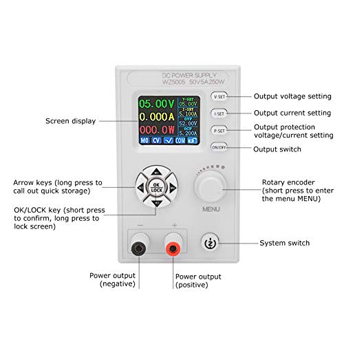 Image of DC Power Supply, Lab Bench Numerical Control Variable 4-Digital LCD Display Regulated Power Supply DC 6-55V to 0-50V 5A with Alligator Leads