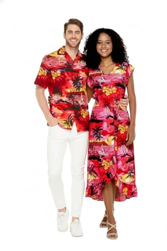 Image of Matchable Couple Hawaiian Shirt or Wrap Dress Signature Prints Sunset | Sold Individually; Soft Rayon Fabric; Lightweight Comfort; Signature Tropical Prints; Vacation Ready