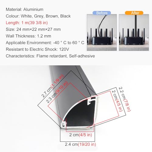 Cubierta de cable gris para pared/suelo, gestión de cables de esquina en aluminio bajo escritorio, canaleta para esconder cables, protector de alambre resistente al agua, 1m/3.3ft, 24mm de ancho miniatura 2