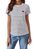 SweatyRocks Women's Heart Striped T Shirt Short Sleeve Shirt Crew Neck Casual Tee Top Large Black and White
