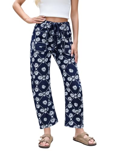 Kedera Women Printed Barrel Jeans High Waist Drawstring Denim Pants Wide Leg Printed Horseshoe Jeans with Pockets