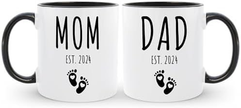 Mom Dad Est 2024 Coffee Mug Set, Expecting & New Parents Gift for Couple, Pregnancy Announcement Gender Reveal Gift, Welcome Baby Congratulations Present, Mommy to Be First Time Daddy Cups