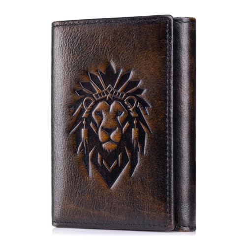 Image of Trifold Wallets for Men RFID Blocking Full Grain Leather Short Mens Wallet with Snap Closure, 8 Card Slots, Clear ID Window, Vintage