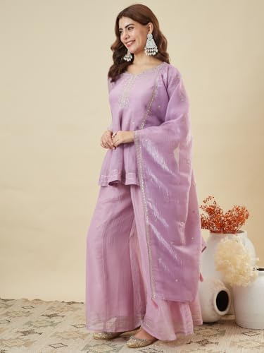 Image of MOKOSH Women's Silk Embroidery Peplum Kurta Sharara with Dupatta | Anarkali Kurta Set | Sweetheart Neck Full Sleeve Ethnic Suit | 3 Piece Outfit | Indian Kurta Outfit With Sharara
