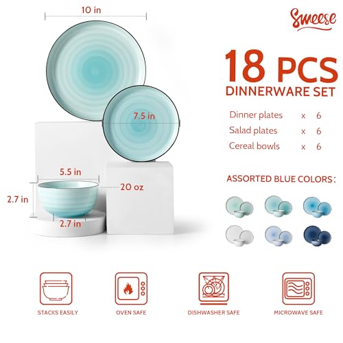 Image of Sweese Plates and Bowls Sets, 18 Piece Dinnerware Set Porcelain Round Dinner Set for 6, Scratch Resistant Dishes Set, Dishwasher and Oven Microwave Safe Handpainted Swirl Dishware Sets, Assorted Blue