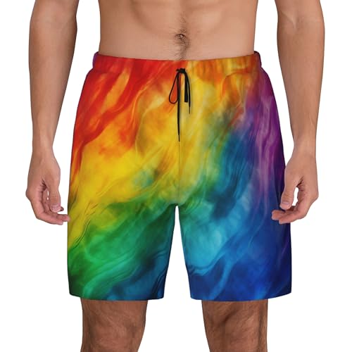 Mens Gay Pride LGBT Rainbow Printed Swim Trunks with Compression Liner Quick Dry 2 in 1 Board Shorts with Pockets