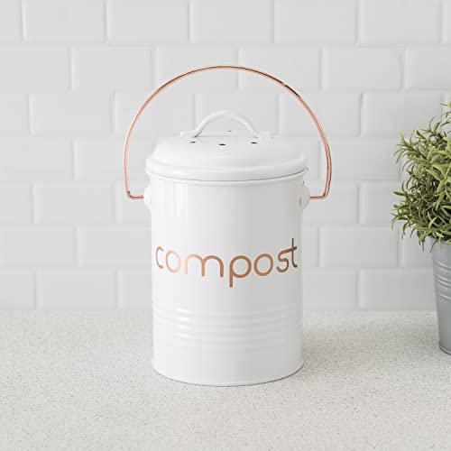 Home Basics Grove Compact Countertop Compost Bin Bucket For Kitchen Food Scraps With Lid Durable Steel And Easy To Use Handle, White #TOP4