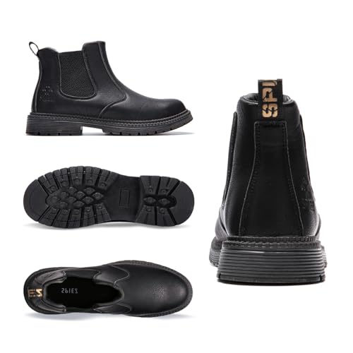 SPIEZ Men's Steel Toe Work Boots - Slip & Oil Resistant Safety Shoes | Waterproof Puncture Proof Chelsea Boots | Lightweight Breathable for Construction, Warehouse, Black（7.5-12）2