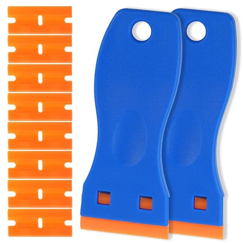 2 Pack Non-Scratch Plastic Scrapers, 8 Replacement Razor Blades, House & Car Cleaning Tool for Glass, Cooktop, Oven, Stove, Remove Stain, Paint, Glue (orange blue)