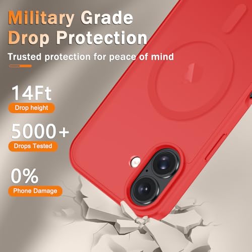 Image of YENAPOON for iPhone 16 Plus Case, Matte Magnetic Phone Cover [with 1 Screen Protector] [Support for MagSafe] [Shockproof Military Grade Protection] Translucent Frosted Back, Red