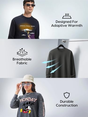 Image of Bewakoof Men's 100% Cotton Graphic Print Oversized Fit Full Sleeve Round Neck T-Shirt | Casual Wear | Street Wear | Oversized t Shirt for Men Cotton | Baggy