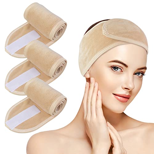 KinHwa Spa Facial Headband Adjustable Towel Headband Make Up Wrap Head Band for Face Washing, Shower, Yoga Sports 3 Pack Cream