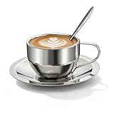 1 juego de tazas de café de acero inoxidable 304 con cuchara y platillo, tazas de metal de 6.1 onzas, taza de café espresso aislada de doble pared para capuchino latte, leche, té y bebidas (1 juego