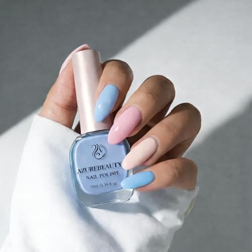 Image of AZUREBEAUTY Nail Polish Set, 4 Colors Pastel Spring Macarons Pink Blue Green Yellow Quick Dry Natural Easter Gift Fingernail Lacquer Strengthening Kit with Top Coat DIY Salon at Home