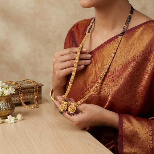 Image of Traditional 36-Inch Patti Mangalsutra | Gold-Plated Long Black Beads Mangal Sutra for Women | Matte-Finish Copper material