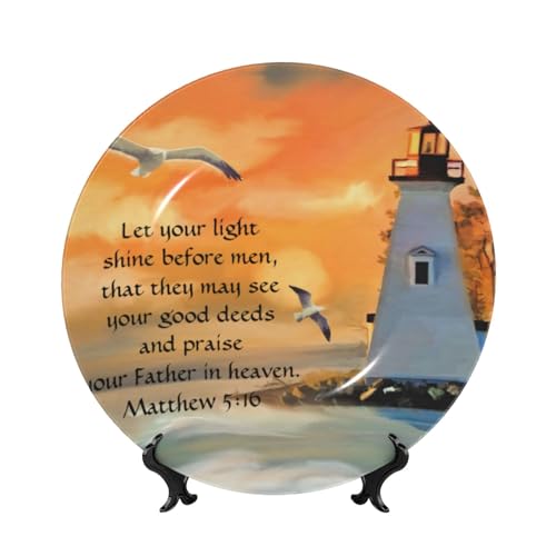 HYDJLXA Personalized Lighthouse Sunset Bible Verse Bone China Decorative Plate， Stand and Hook Included， for Office Study Entryway Decor7in