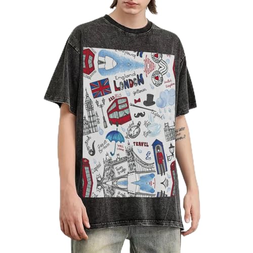 T-shirt manches courtes en coton délavé pour homme, coupe oversize au style rétro Londres