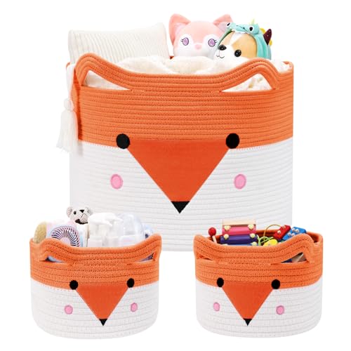 Image of AXHOP Large Baby Basket Toy Storage 3 Pack, (20"x13.8") Woven Baby Laundry Basket Blanket Basket, Stuffed Animal Storage, Baby Gift Basket Empty, Toy Basket for Kids, Dog, Cat.