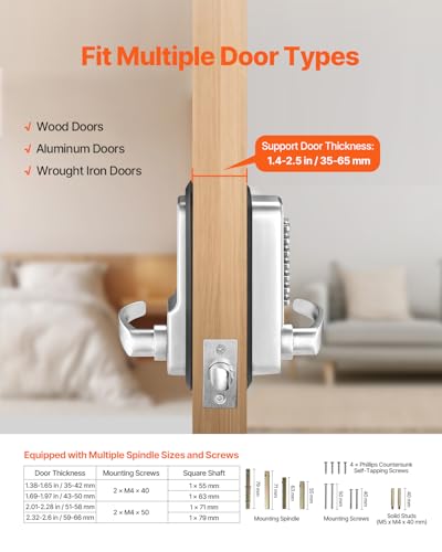 VEVOR mechanisches schlüsselloses Türschloss mit einseitiger Tastatur (14 Tasten), schlüsselloses Türschloss mit Griff, Codeschloss für Haus Büro Außenzaun Hof Silber (35-65 mm starke Tür)