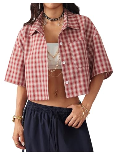 SOLY HUX Women's Button Down Vintage Plaid Shirts Short Sleeve Crop Blouses Preppy Clothes