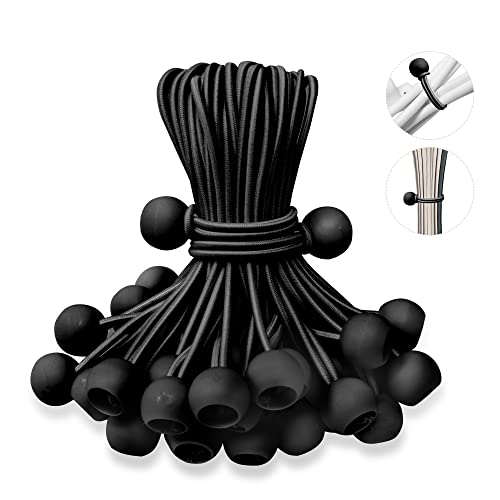 EMEKIAN 6 Inch Ball Bungee Cords, 50 Pack Heavy Duty UV Resistant Elastic Strap, Reusable Tie Down Cord with Balls, Indoor Outdoor Cords for Golf Net, Soccer Goals, Camping, Tent Poles, Hose (Black)