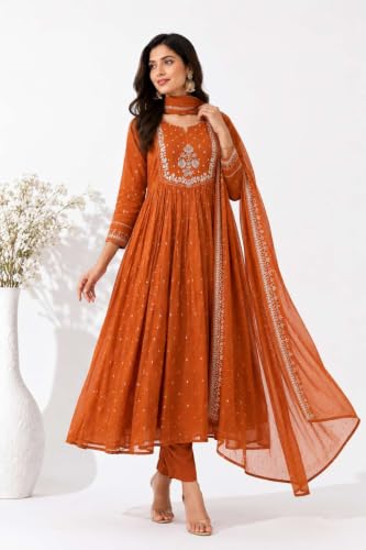 Image of Women's Cotton Embroidery Anarkali Kurti and Pant with Dupatta Set