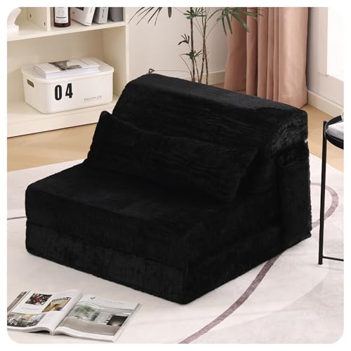 Image of Tiita Convertible Folding Sofa Bed Single Size for Adults with Pillow, Plush Fabric Floor Mattress Couch Bed, Washable Cover & Side Pocket, Guest Room, Dorm, Apartment, Living Room, Black