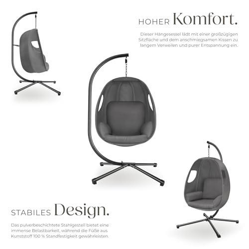 tectake® Hängesessel mit Gestell, Indoor oder Outdoor, Schaukel Sessel mit Kissen + Rückenkissen, Schaukelstuhl, Hängestuhl. Möbel für Wohnzimmer, Schlafzimmer, Balkonmöbel, bis 160kg (anthrazit)