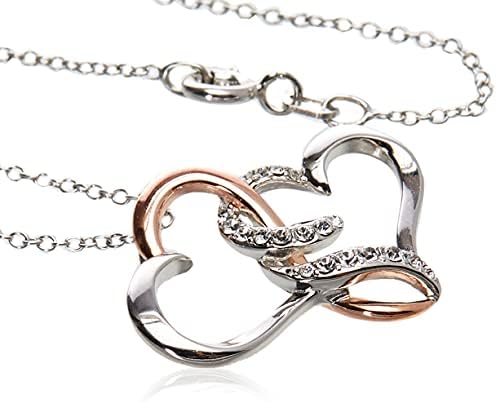 Amazon Essentials Rhodium, 18k Rose Gold Plated Sterling Silver White Crystal Swirly Double Open Hearts Pendant Necklace, 18"