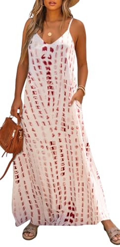 Image of Bluetime Women Summer Spaghetti Strap Maxi Dress V-Neck Sleeveless Flowy Boho Floral Beach Long Dress with Pockets