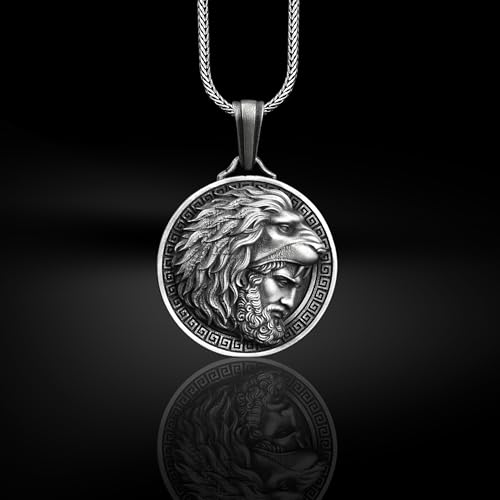 BySilverStone - Hercules with Nemean Lion Hat Coin Necklace, Hercules Medallion Necklace in Sterling Silver, Ancient Greek Mythology Pendant2