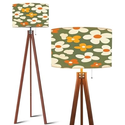 QFHOMTEOL Wood Tripod Floor Lamp Aesthetic Contemporary Seamless Pattern Retro Groovy Flowers Modern Standing Lamp Linen Lampshade Dimmable Tall Lamp Mid Century Floor Lamp for Living Room Bedroom