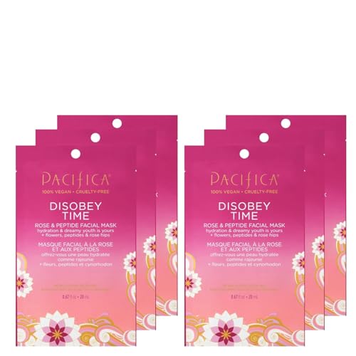 Pacifica Disobey Time Rose & Peptide Facial Sheet Mask 6-PACK Hydrating Anti-Aging Mask for Fine Lines & Dry Skin Infused w/Hyaluronic Acid & Chamomile Clean Vegan & Cruelty-Free Dermatologist Tested