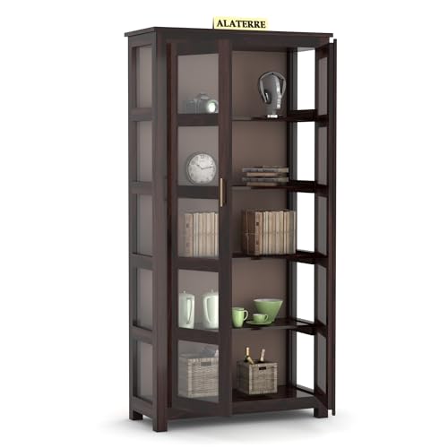 Image of Solid Sheesham Wood Book Cabinet | Tall Wooden Display Unit with 2 Glass Doors & 5 Shelves | Multipurpose Storage Organizer for Living Room & Study | Walnut Finish