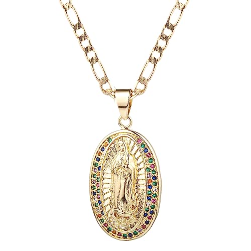 14K Gold Plated Guadalupe Virgin Mary Pendant Necklace for Women Men Two-layer White Color Zircon Inlay Oval Virgin Mary 3mm Flat Figaro Chain Necklace 18/22 inches