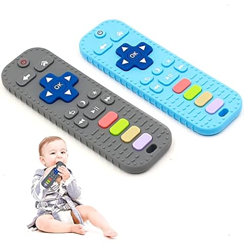 Teething Toys for Baby, 2PCS Soft Silicone Baby Teething Toy, Early Educational Remote Control Baby Toys, for Baby Chew Toys to Relief Baby Teething Gum Discomfort (Blue and Grey) Cover