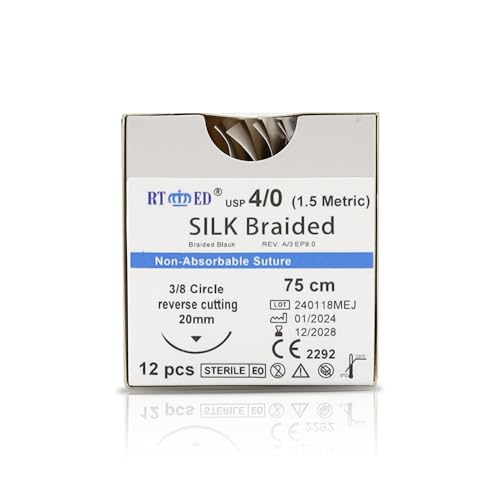 StellMacher Sutures Thread with Needle Silk Braided | 12 Pcs Surgical Practice Sutures for Medical & Nursing Students | Training Sterile Stitching, First Aid Emergency Travel, Vet Demo Use (Silk 4/0)