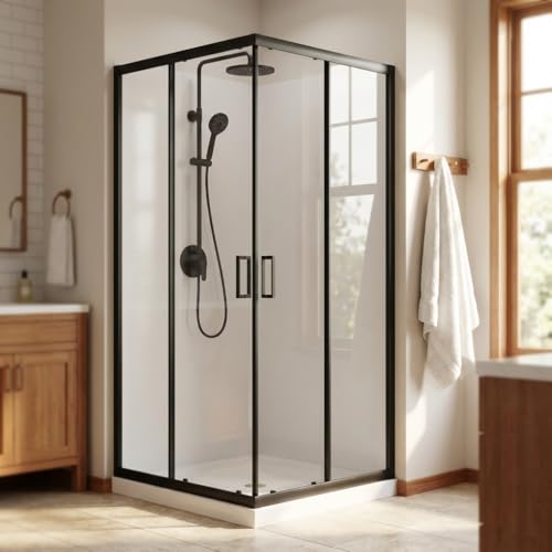 Goodyo Sliding Corner Shower Door, 36x36x72 Inch Shower Enclosure Kit with 1/4 in Clear Tempered Glass Panels, Modern Stall for Walk in Bathroom, Black (No Shower Base