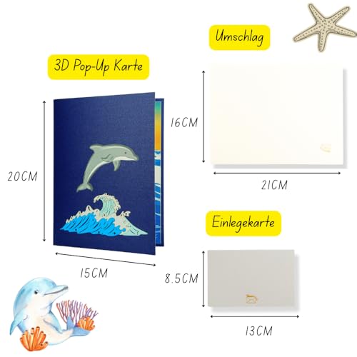 DORAFIORA® 3D Pop-Up Karte Delfin – Maritime Grußkarte & Geburtstagskarte für Kinder & Erwachsene | Inkl. Umschlag