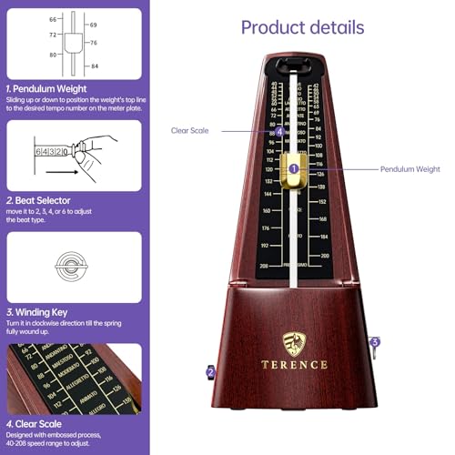 Mechanical Metronomes for Piano Guitar Violin Bass Drum and Other Musical Instruments Loud Sound and High Precision Track Beat and Tempo for Beginners (Wood Grain) by TERENCE - Image 2