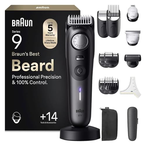 Braun Beard Trimmer Men Series 9, +14 Barbering Tools, Power Boost & Lifetime Sharp ProBlade, 180 Min, with Fade, 52 Lengths, PrecisionWheel & Lock, Waterproof, BT9565, Titanium