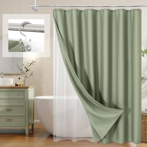 MitoVilla 3 in 1 Shower Curtain Set Sage Green Modern Slub Textured Fabric Shower Curtain and Clear PEVA Liner Set with 12 Double Sided Steel Hooks Waterproof Fabric Hotel Bathroom Curtain-72x72
